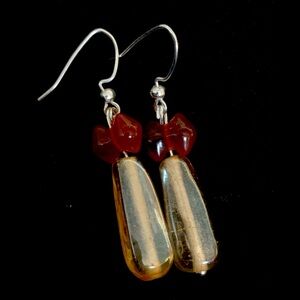 Hand Crafted Vintage Glass Beads w/red bow tie beads on fish hook style wires 2”